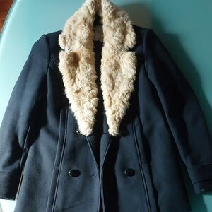 Zara Black Pea Coat with Cream Faux Fur Collar